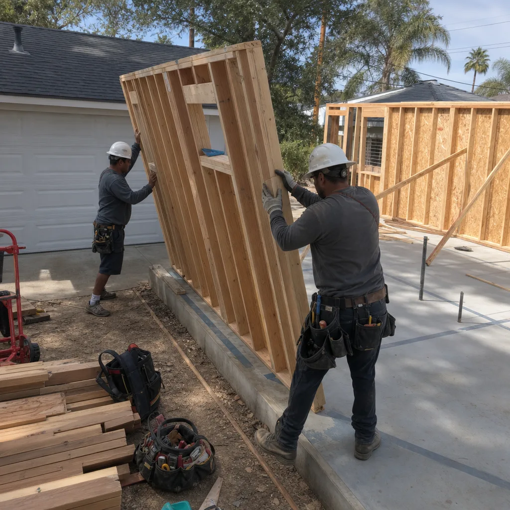 Two construction workers installing a wooden wall frame for an ADU.