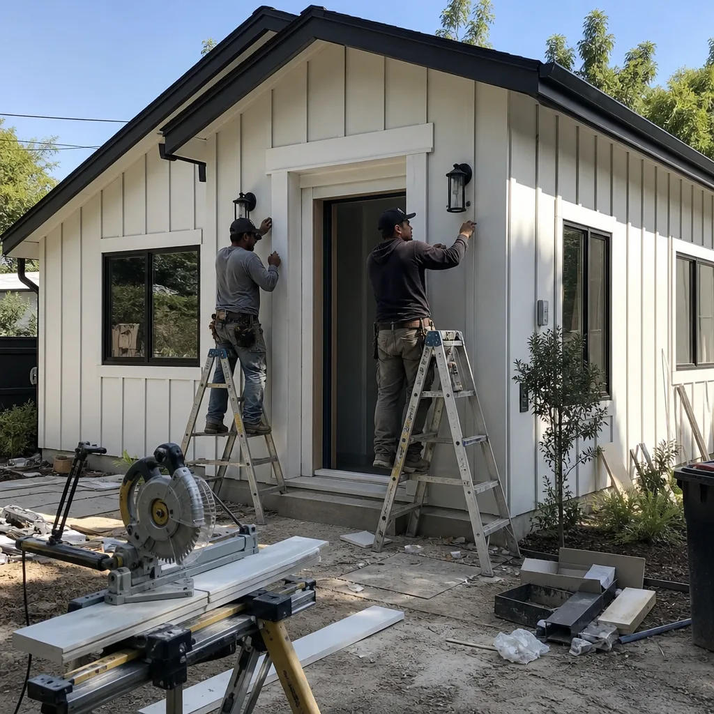 Professional ADU builders installing exterior trim on a modern cottage unit