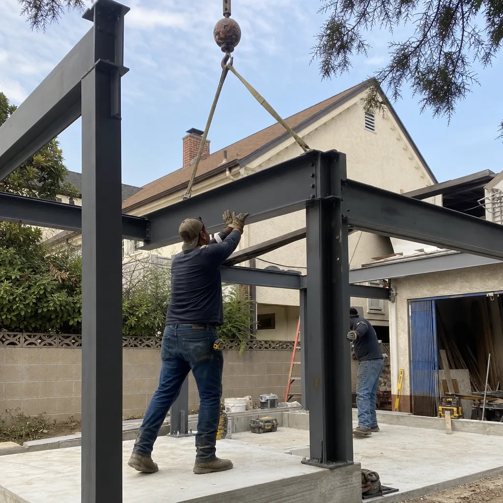 Construction workers installing steel framing for an ADU build
