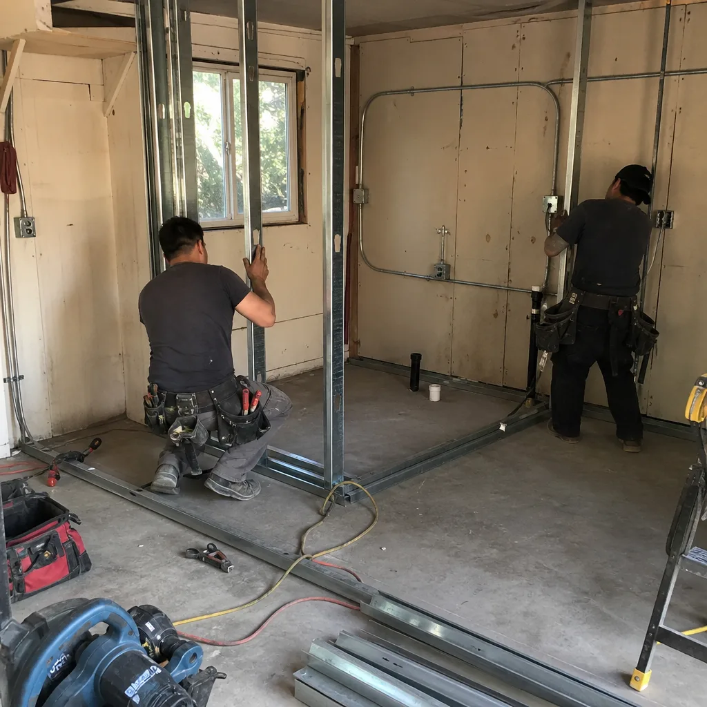 Contractors installing metal wall framing and electrical conduit for garage conversion