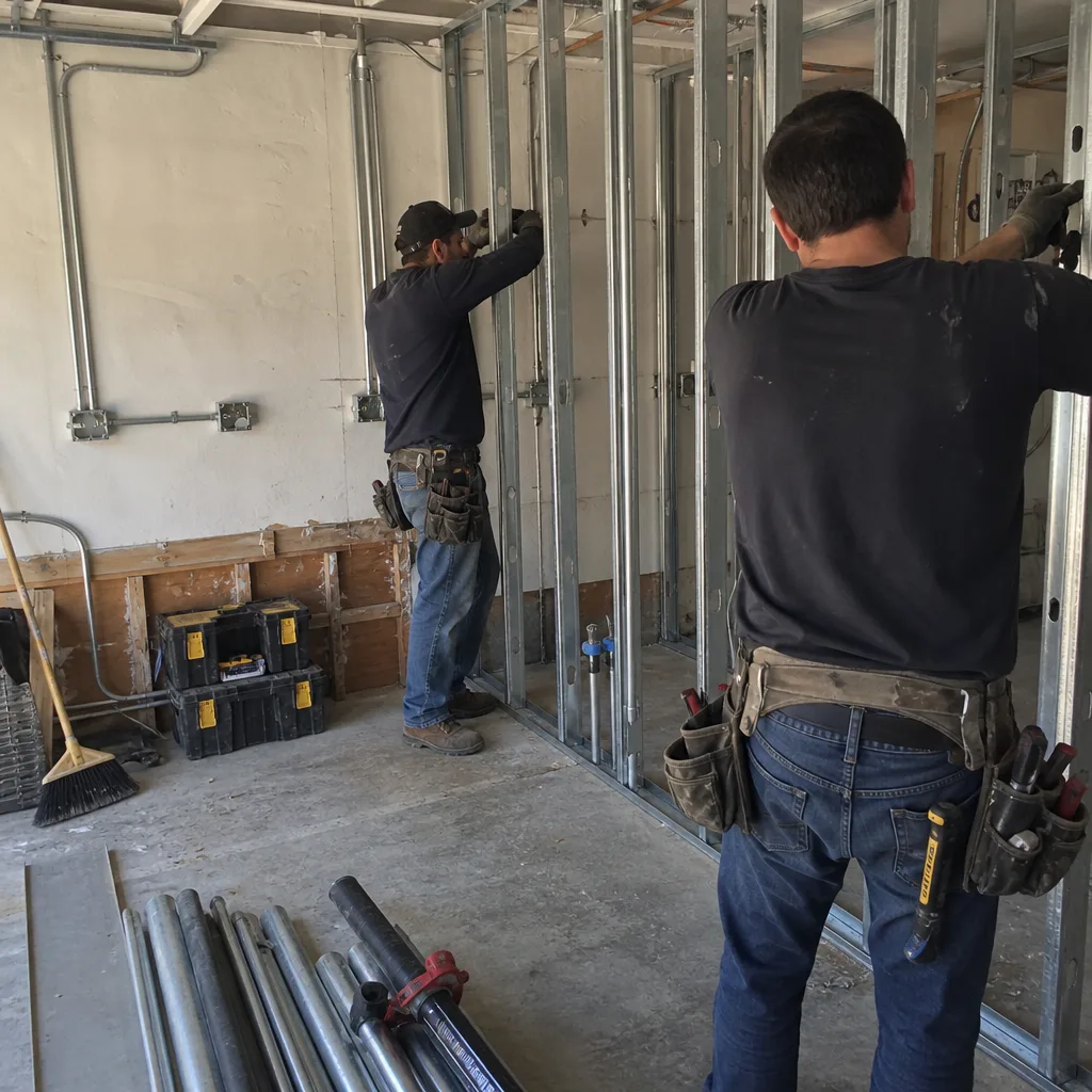 Two professional contractors installing metal wall studs for a garage conversion project.