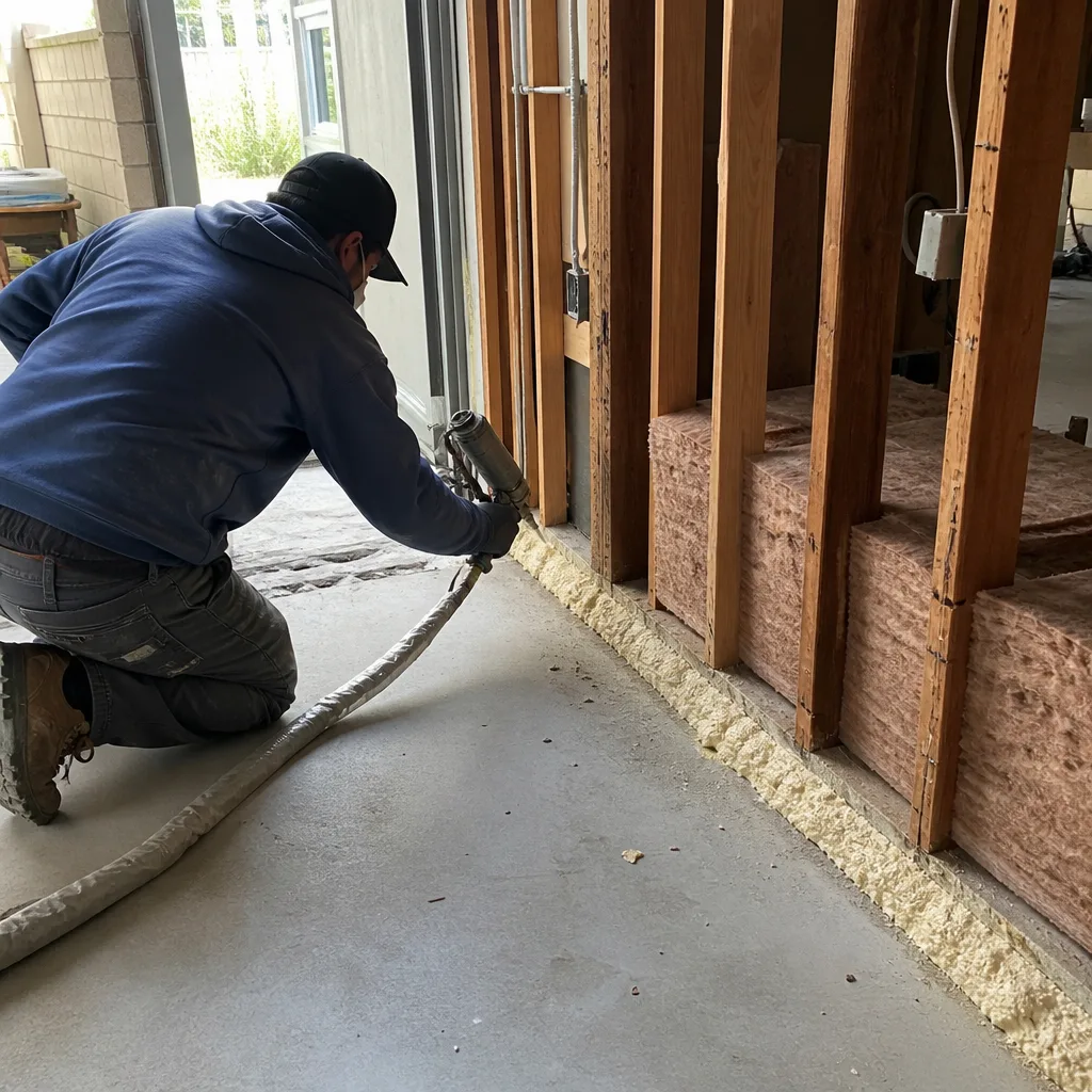 Contractor using spray foam to seal wall plate in garage conversion