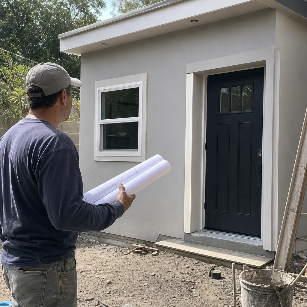 Contractor holding blueprints in front of a modern residential ADU