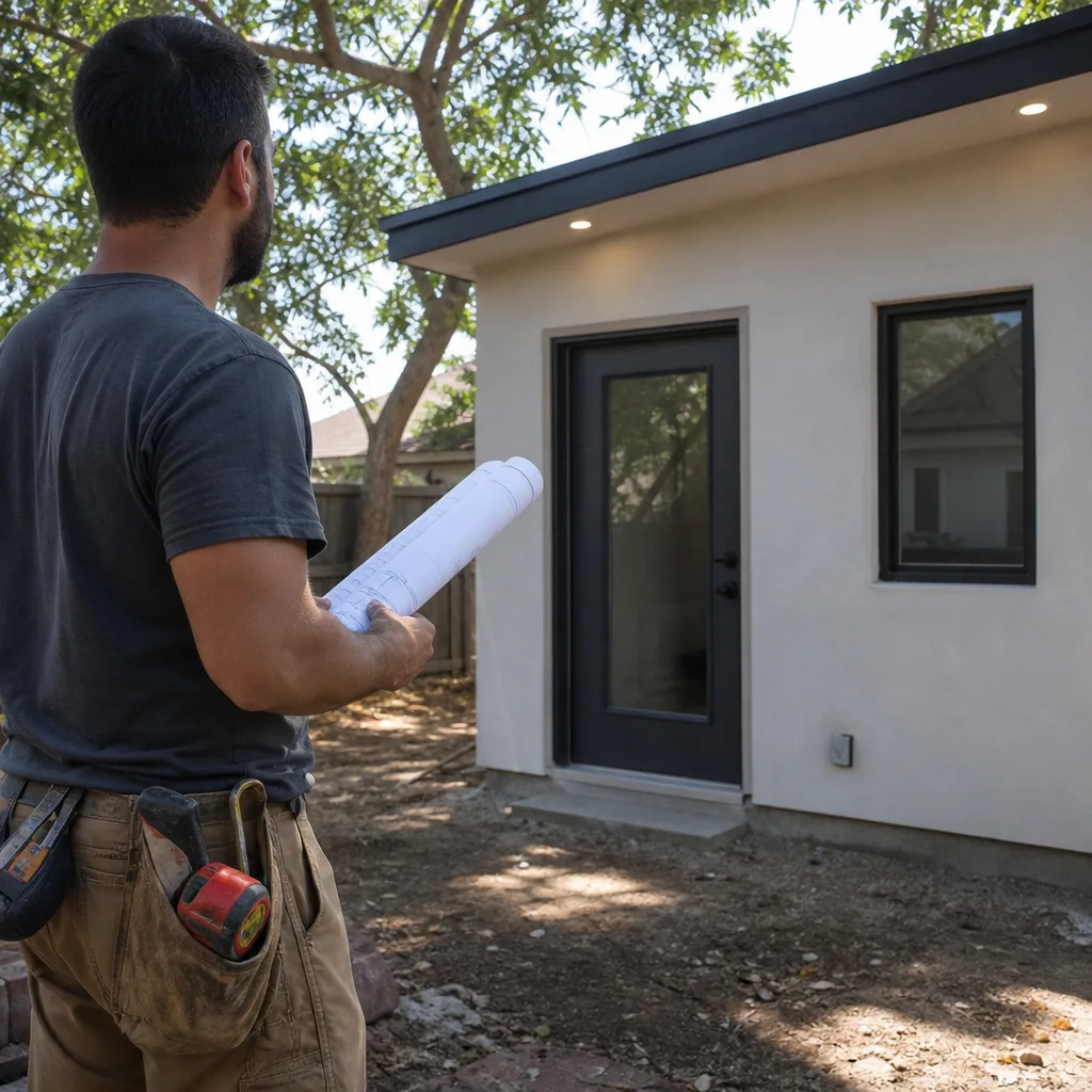 Contractor holding blueprints in front of a modern backyard ADU.