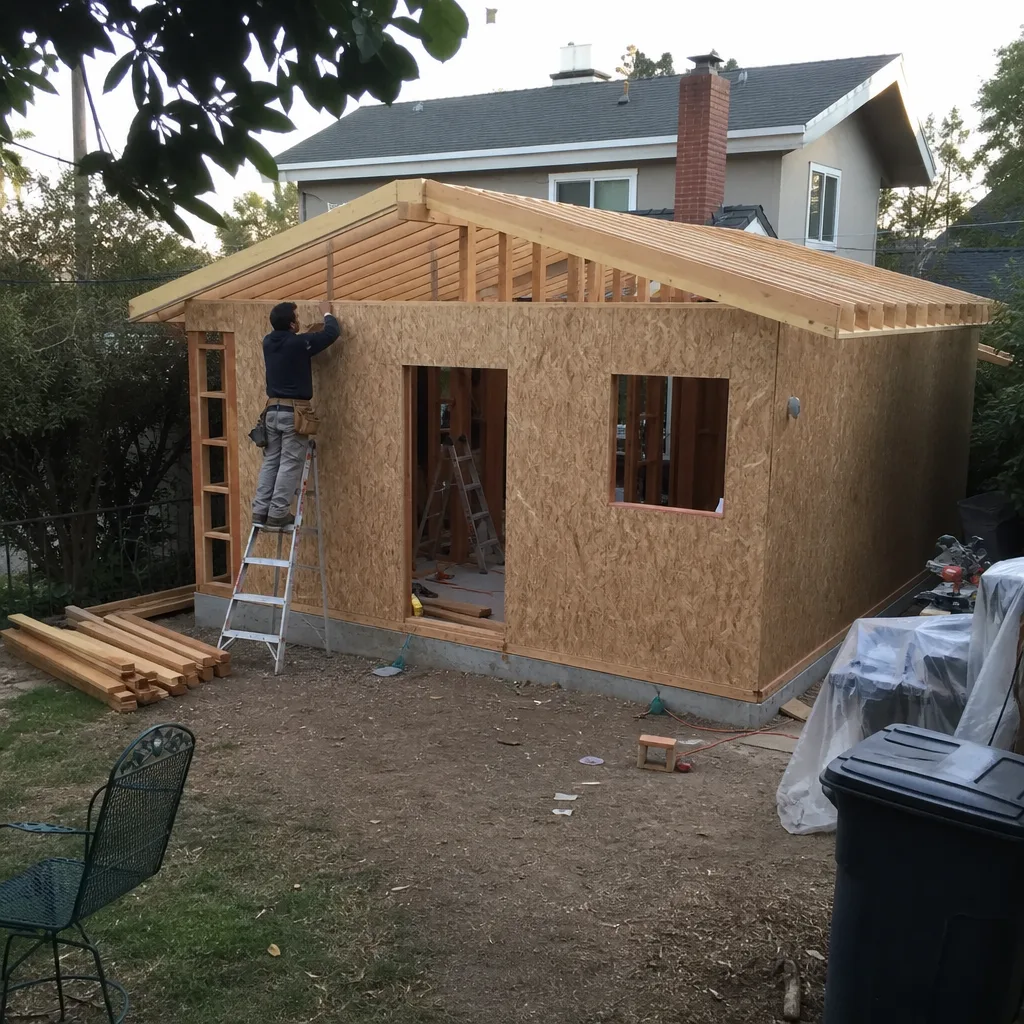 Contractor installing plywood wall panels on a new room addition structure